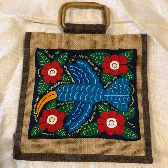 Burlap Handbag Purse Tote Stitched Parrot Flowers Wax Lined - Picture 1 of 6